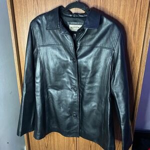 Sonoma Leather Jacket Womens Large Black Lambskin Button Front Blazer Style